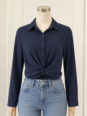 Lulus Navy Blue Twist Front Long Sleeve Button-Up Blouse - Size M